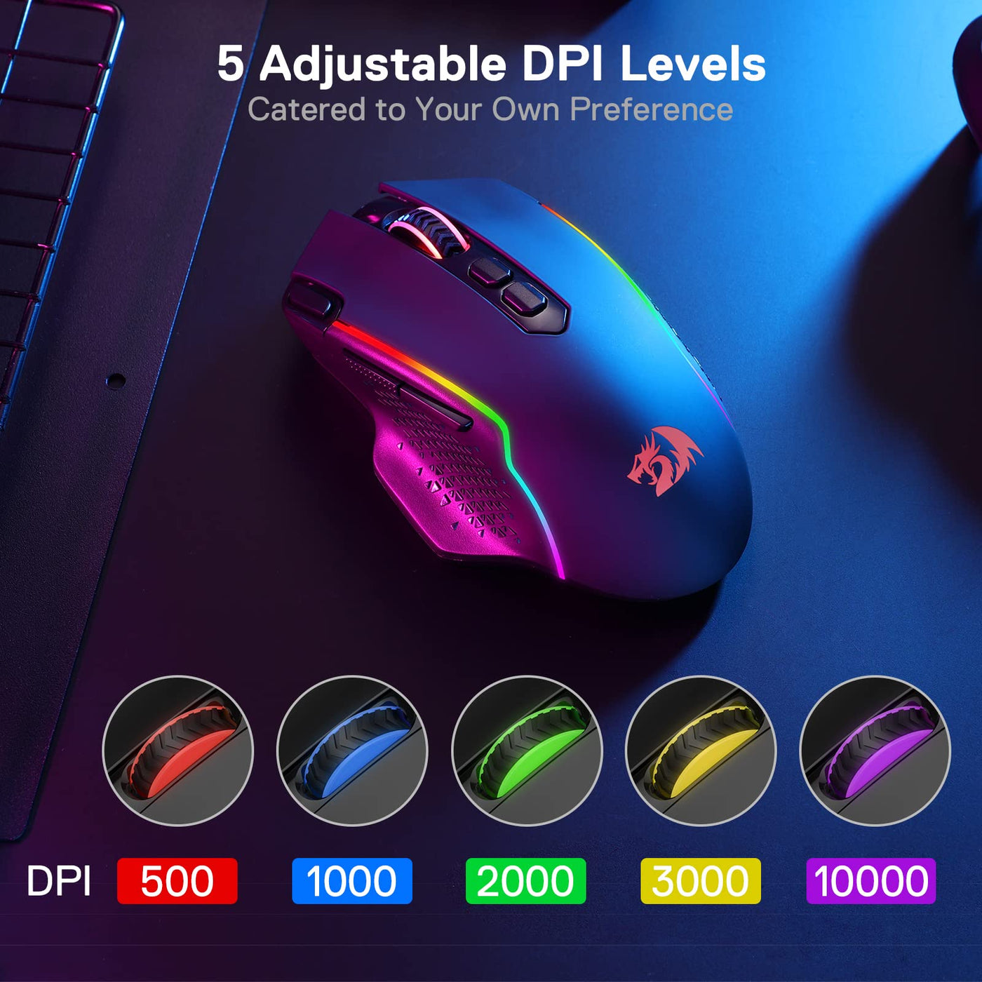 Redragon M810 Pro Kabellose Gaming-Maus, 10000 DPI Kabelgebundene/Kabellose Maus mit Schnellfeuertaste, 8 Makrotasten, 45 Stunden Dauerleistung und RGB-Hintergrundbeleuchtung für PC/Mac/Laptop