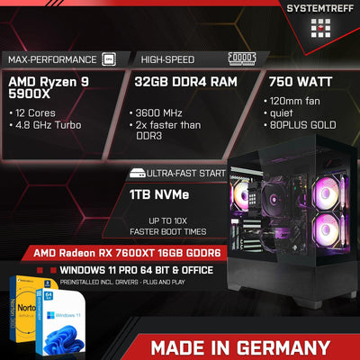 SYSTEMTREFF Gaming PC AMD Ryzen 9 5900X 12x4.8GHz | AMD Radeon RX 7600XT 16GB DX12 | 1TB M.2 NVMe | 32GB DDR4 RAM | WLAN Desktop Computer Rechner für Gamer, Zocker
