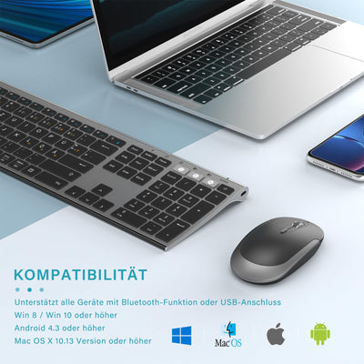 seenda Bluetooth Tastatur mit Maus Kabellos, Dual Bluetooth & 2.4G USB-Stick Tastatur Maus Set Kabellos, Wiederaufladbare Funktastatur Maus mit DE Layout für Mac/Windows/Android - Schwarz&Grau