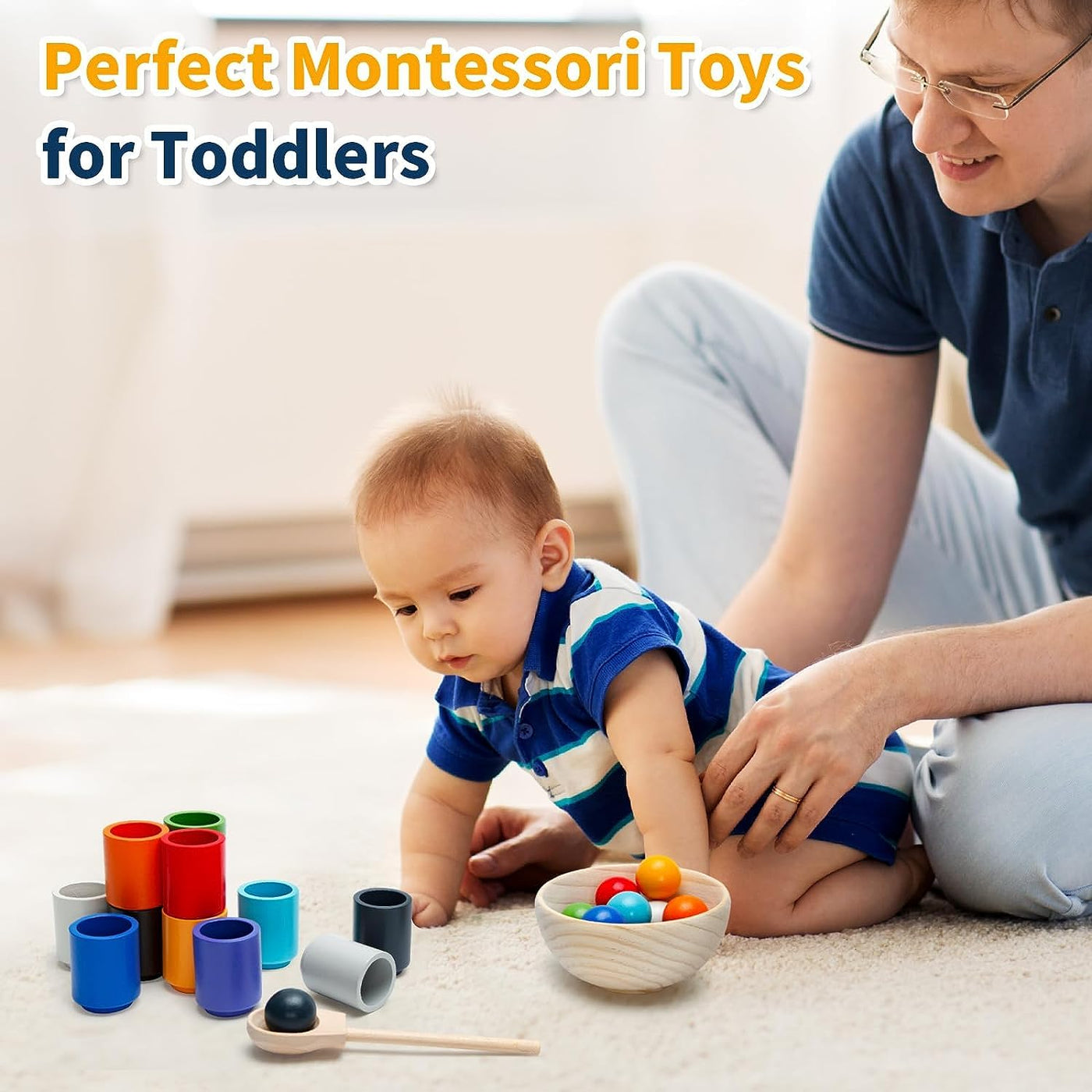 Montessori Spielzeug ab 3 Jahr, Holz Sortier Stapelspielzeug, 12 Kugeln 30 mm Regenbogen Holzkugeln in Tassen, Baby Spielzeug für Vorschule für Farbsortierung und Zählen, Geschenk ab 2 3 4 5 Jahr