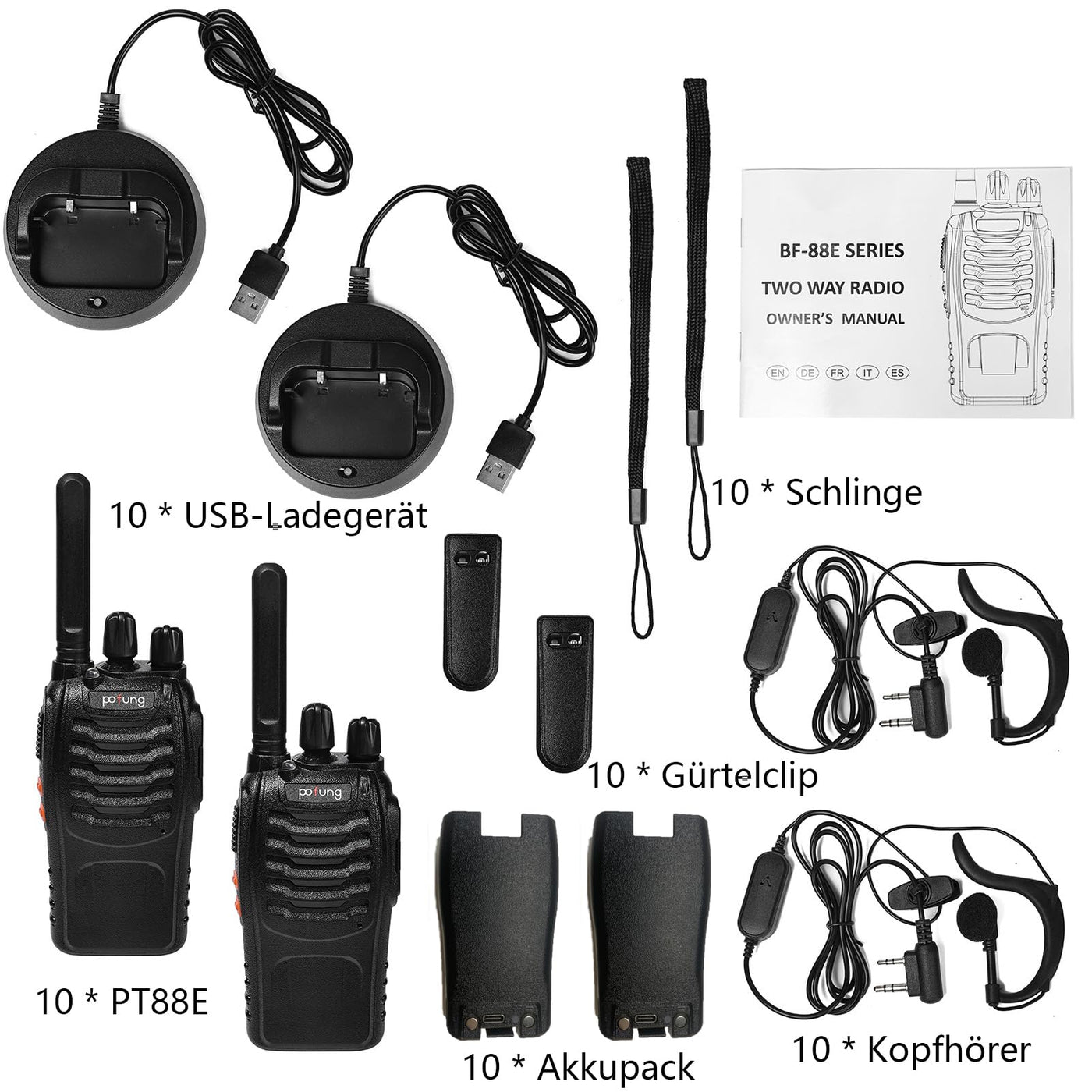 Walkie Talkie PMR446 lizenzfreies Zwei-Wege-Funkgerät, pofung PT88E 16 Kanäle Professionelle wiederaufladbare Walkie Talkies mit großer Reichweite mit USB-Ladestation und Hörmuscheln Schwarz 10 Stück