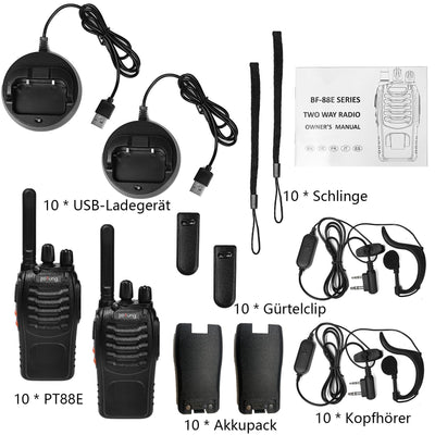 Walkie Talkie PMR446 lizenzfreies Zwei-Wege-Funkgerät, pofung PT88E 16 Kanäle Professionelle wiederaufladbare Walkie Talkies mit großer Reichweite mit USB-Ladestation und Hörmuscheln Schwarz 10 Stück