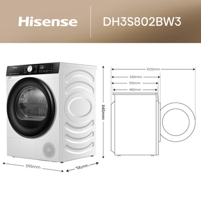 Hisense DH3S802BW3, 8KG, Kondensation mit Wärmepumpe, 16 Programme, ConnectLife, TwinAir, Weiß, Energieeffizienzklasse C