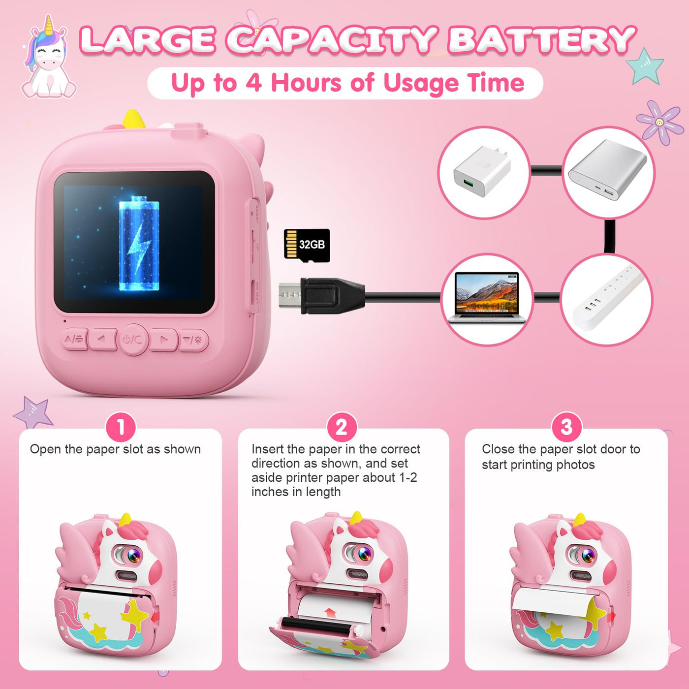 CAMCLID Kinderkamera Sofortbildkamera, 2,4 Zoll Sofortbildkamera Kinder mit 32G TF Karte und Fotopapier Drucken, 1080P HD Digitalkamera Kinder, Geschenke für Jungen und Mädchen 3-12 Jahre (Rosa)