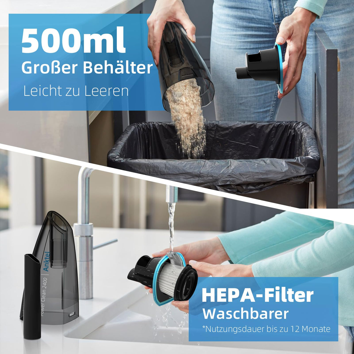 Anktel Handstaubsauger Testsieger 9000Pa mit LED Beleuchtung Handstaubsauger Akku Kabellos Nass&Trocken Handsauger mit Waschbar HEPA-Filter Beutellos per Auto, Haus -PowerClean 2400-
