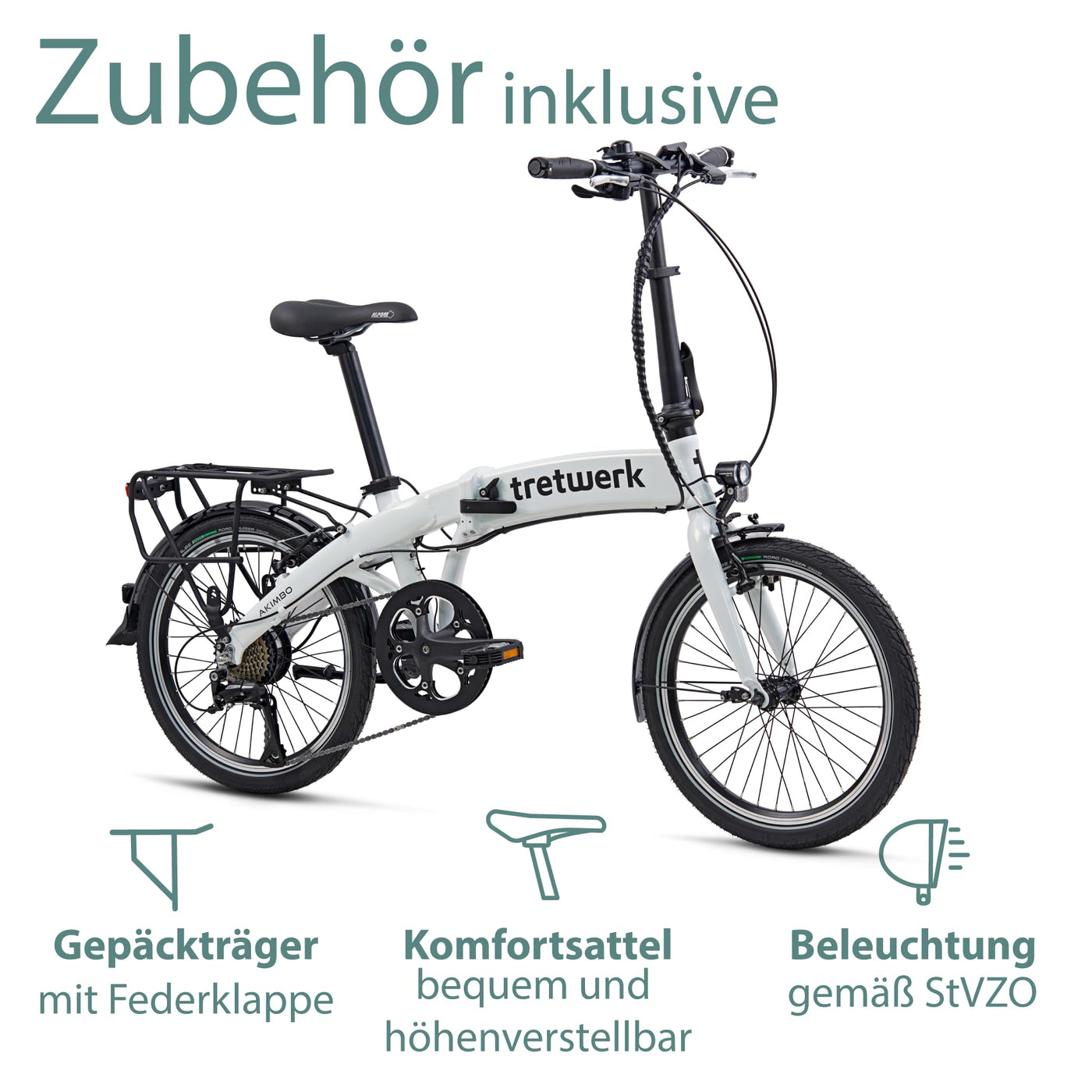 TRETWERK 20 Zoll E-Bike Klapprad - Akimbo - Faltrad Pedelec mit 8 Gang Kettenschaltung - klappbares Elektrofahrrad mit Heckmotor 50Nm - - weiß