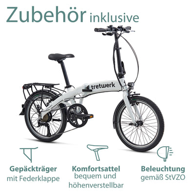 TRETWERK 20 Zoll E-Bike Klapprad - Akimbo - Faltrad Pedelec mit 8 Gang Kettenschaltung - klappbares Elektrofahrrad mit Heckmotor 50Nm - - weiß
