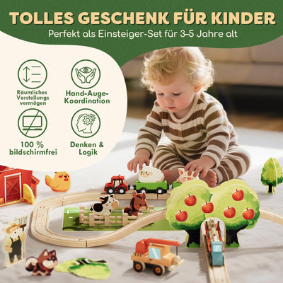 Lehoo Castle Holzeisenbahn, Eisenbahn Kinder, Holz Bauernhof Spielzeug ab 3 Jahre, Zug Spielzeug für Kinder ab 3 4 5