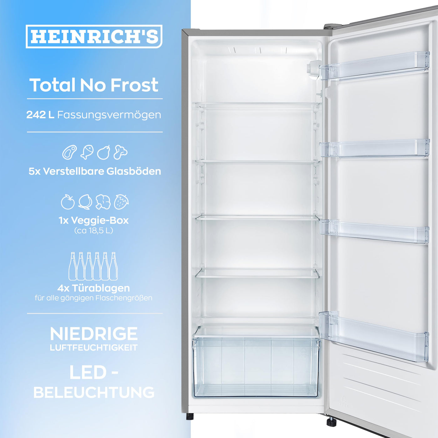 Heinrich´s freistehender Kühlschrank 242L, Vollraumkühlschrank, LED-Beleuchtung, Standkühlschrank mit 5Glasablagen+1Gemüsefach+4 Türablagen, Türanschlag wechselbar, leise 40dB, (inox)