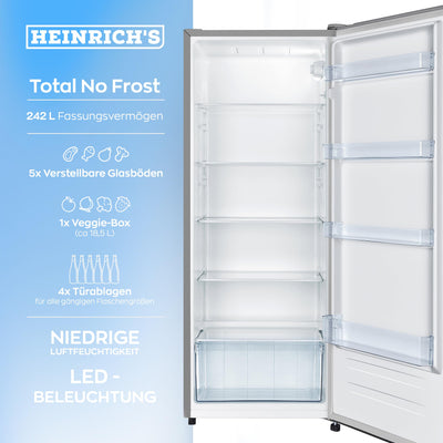 Heinrich´s freistehender Kühlschrank 242L, Vollraumkühlschrank, LED-Beleuchtung, Standkühlschrank mit 5Glasablagen+1Gemüsefach+4 Türablagen, Türanschlag wechselbar, leise 40dB, (inox)