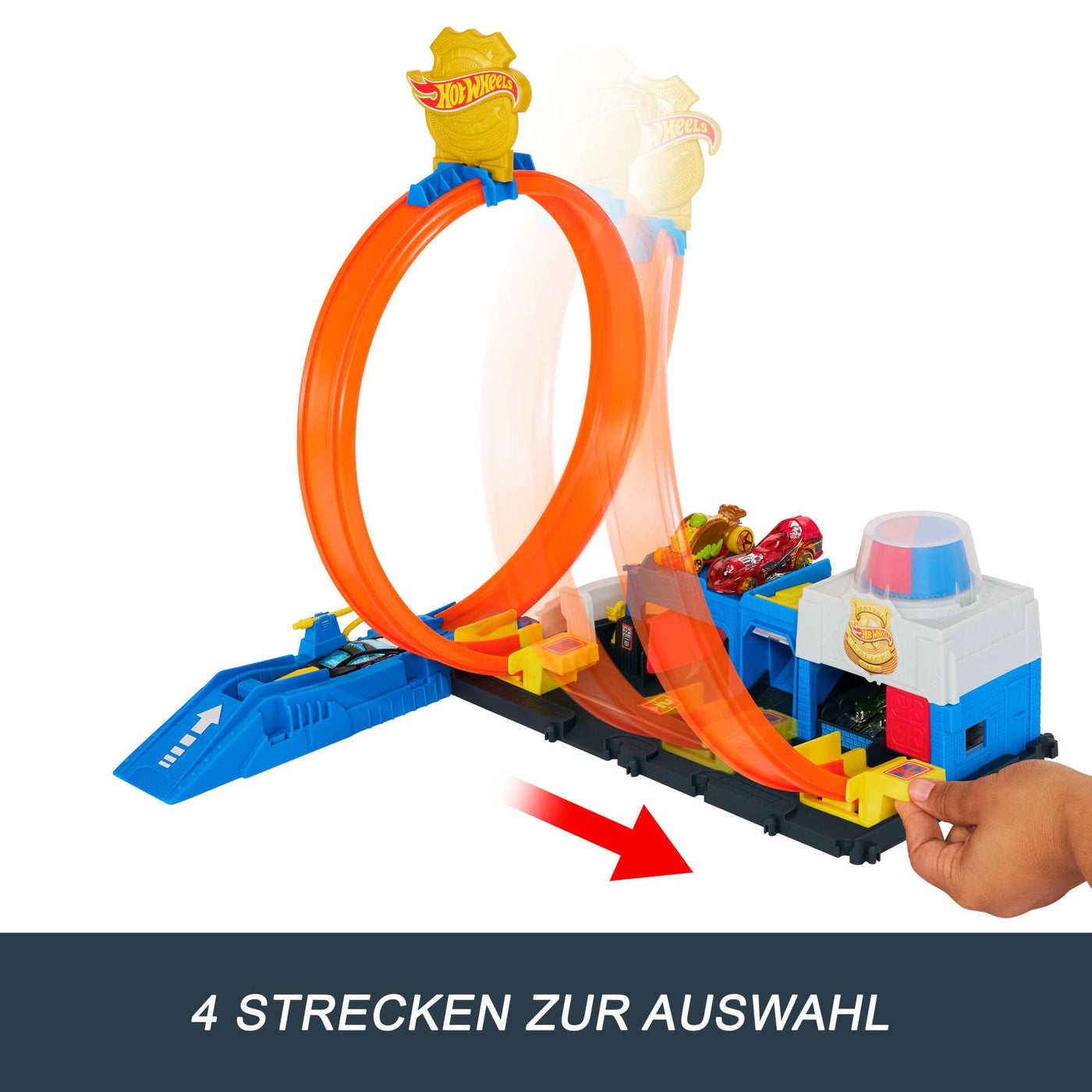 Hot Wheels Spielzeugauto Streckenset, Super Polizeiwache-Spielset mit Die-Cast-Fahrzeug im Maßstab 1:64 und anpassbaren Loopings für unterschiedliche Renn- und Stuntmöglichkeiten, JBM71