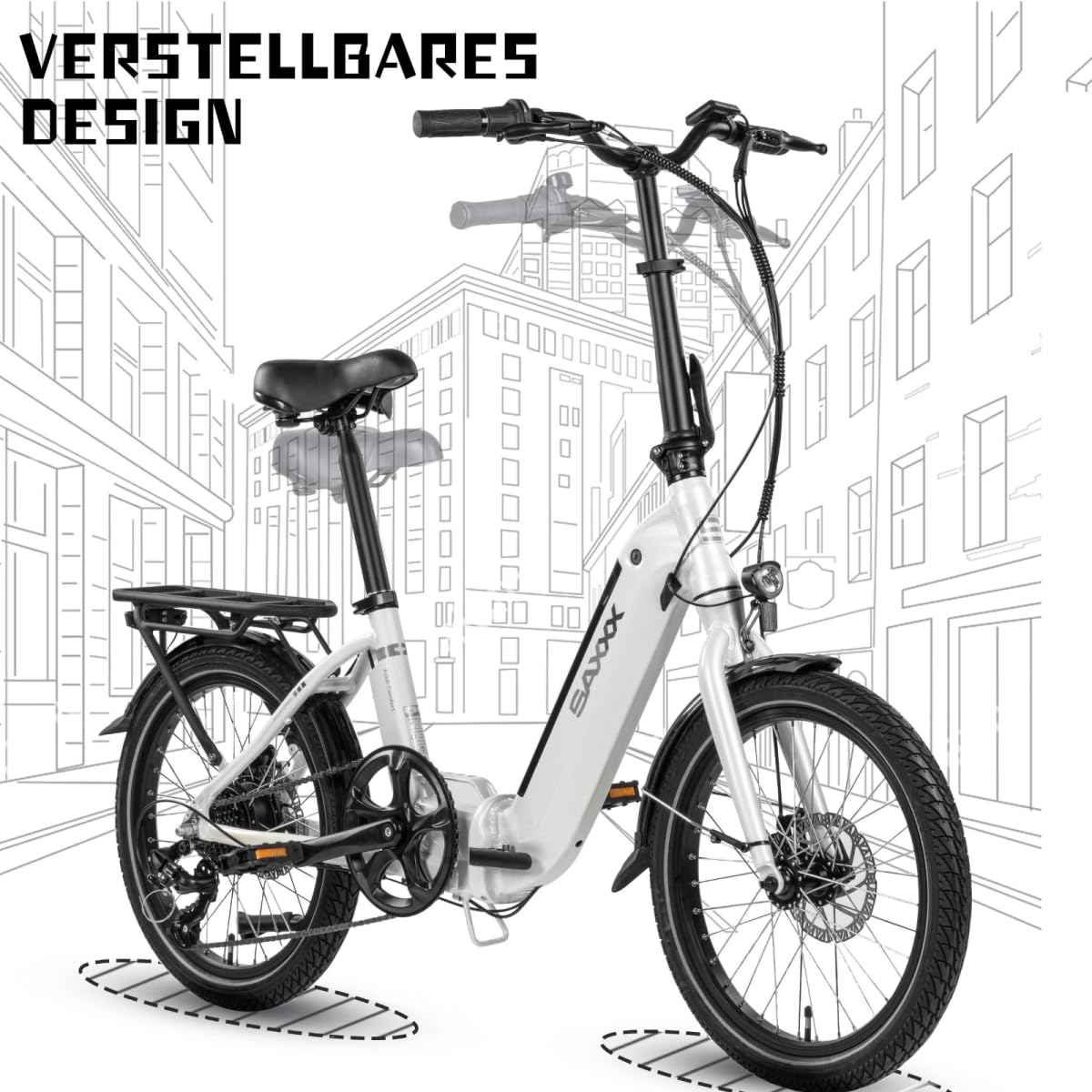 SAXXX E Bike Klapprad 20 Zoll mit 36V 11.4Ah Akku, E Fahrrad Herren mit 7 Gang Kettenschaltung, Elektro Klapprad mit Scheibenbremsen 90KM Lange Range, Elektrofahrrad Pedelec 25 km/h für Herren Damen