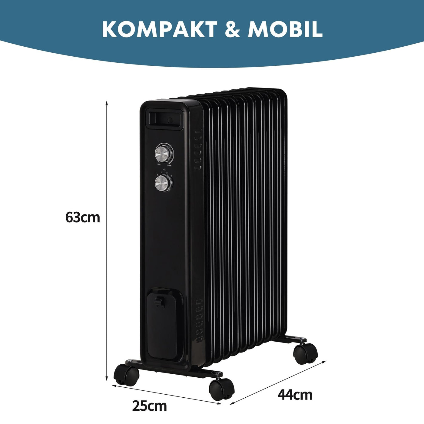 STAHLMANN Ölradiator ZR201 2500 Watt – Elektroheizung Energiesparend bis 50 qm Fläche – Heizung Elektrisch mit Thermostat und 3 Heizstufen – Elektrisches Heizgerät, Electric Heater Schwarz