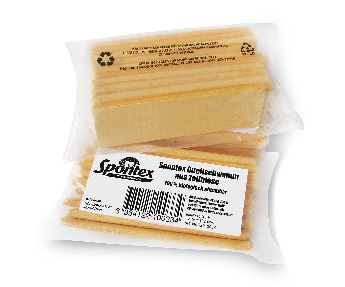 Spontex Quellschwamm aus 100 % biologisch abbaubarer Zellulose, 1 x 10er Pack, in recyceltem und recycelbarem PET-Beutel, saugstark, je 135 x 90 x 37 mm