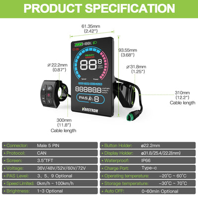 Varstrom VD618 Display für BAFANG-Kit – Kompatibel mit M200 M400 M500 M600 M620 M420 M510 M625 M325 M225 Mittelmotoren und den neuesten 2025 BBS01B BBS02B HD Kits (Dreieck-Stecker)