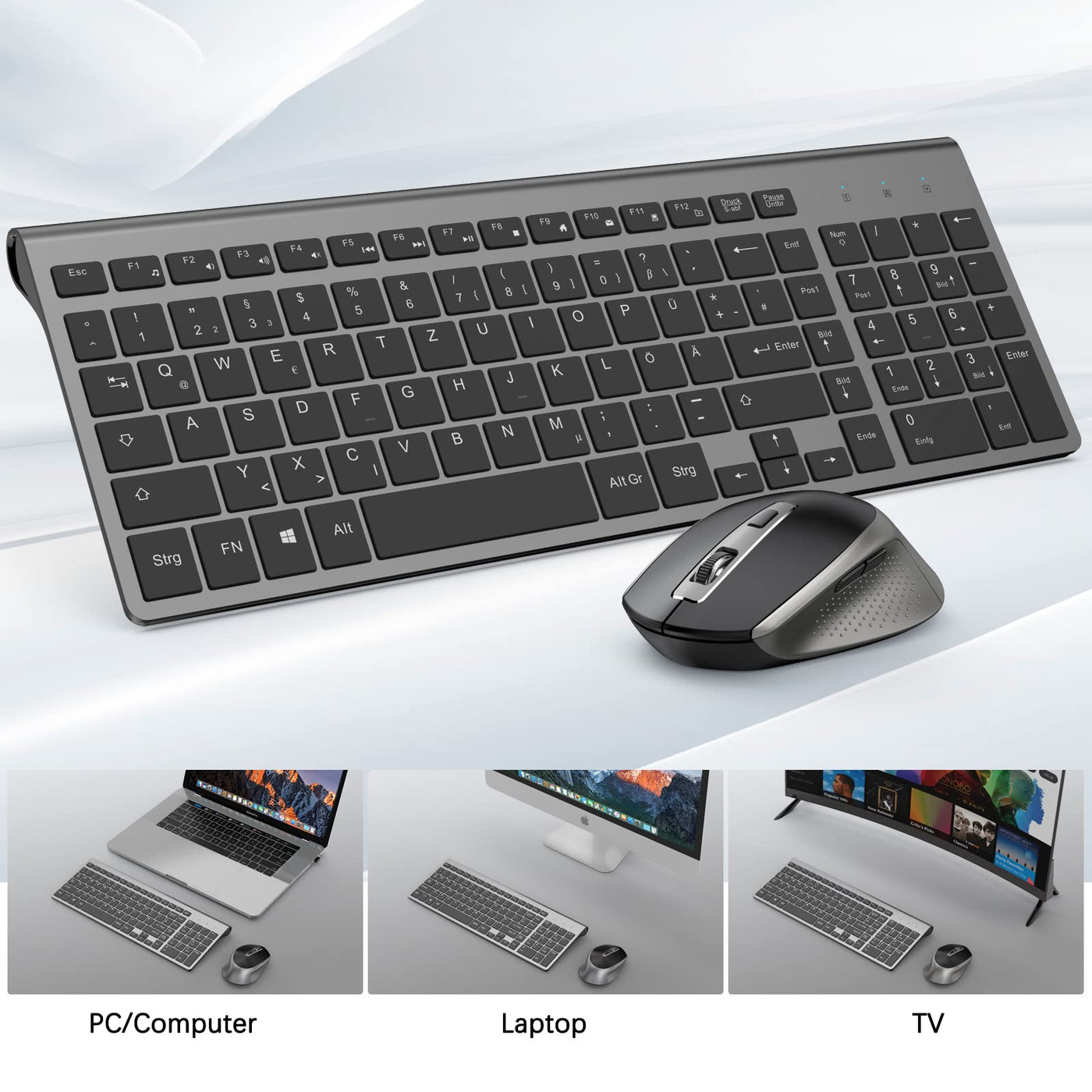 JOYACCESS Tastatur Maus Set Kabellos, 2.4G Ultra-Dünne Funktastatur mit Maus, QWERTZ Layout (Deutsch), Ergonomische Keyboard Mouse für Computer/Desktop/PC/Laptop/Windows 10/8/7, Schwarz und Grau