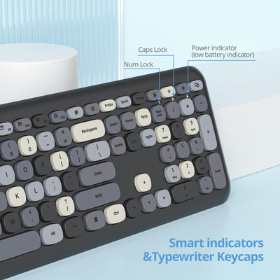 SOLIDEE Buntes kabellose Tastatur und Maus-Kombination,2.4GHz Retro Schreibmaschine Tastatur,104 Tasten in voller mit Ziffernblock,Leise membran Tastatur(Amerikanisch QWERTY)(Black Grey)
