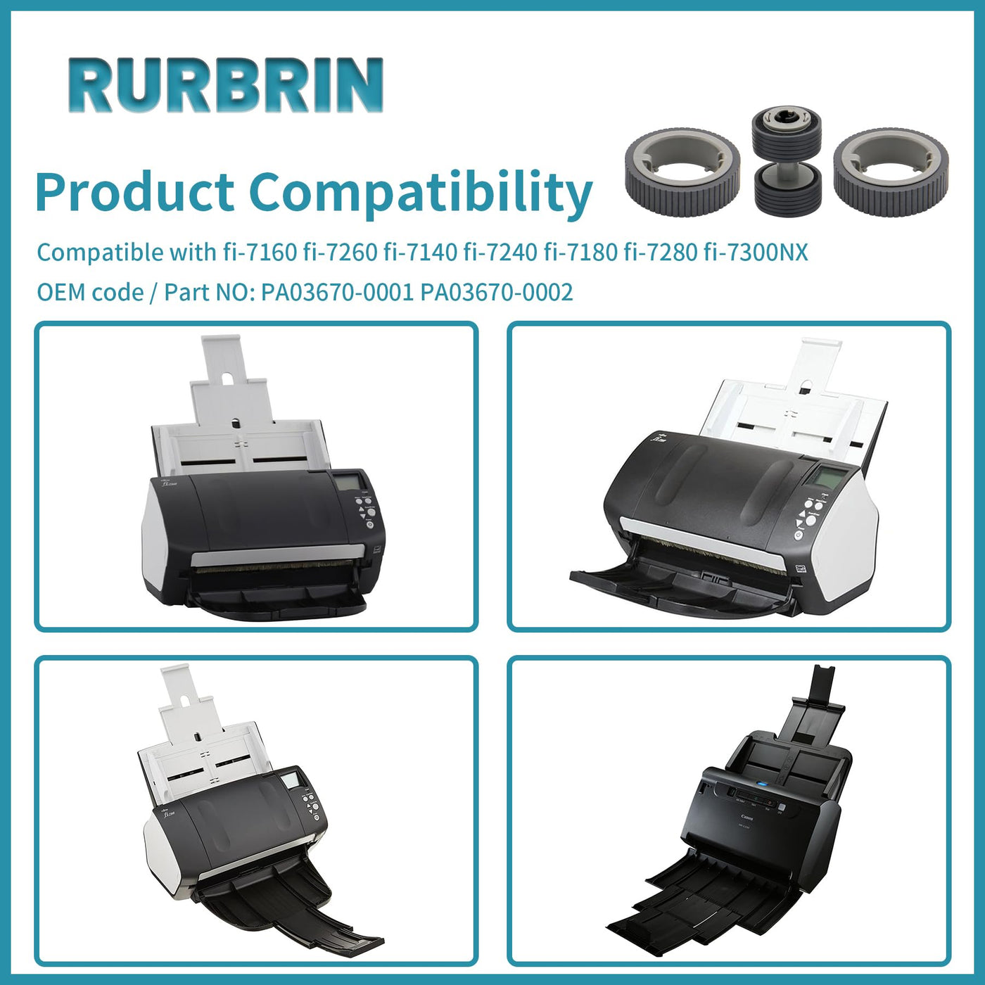 RURBRIN PA03670-0001 PA03670-0002 Scanner Papier Verbrauchsmaterial Kit Pick Roller + Bremsrolle Tonabnehmer Roller kompatibel mit fi-7260
