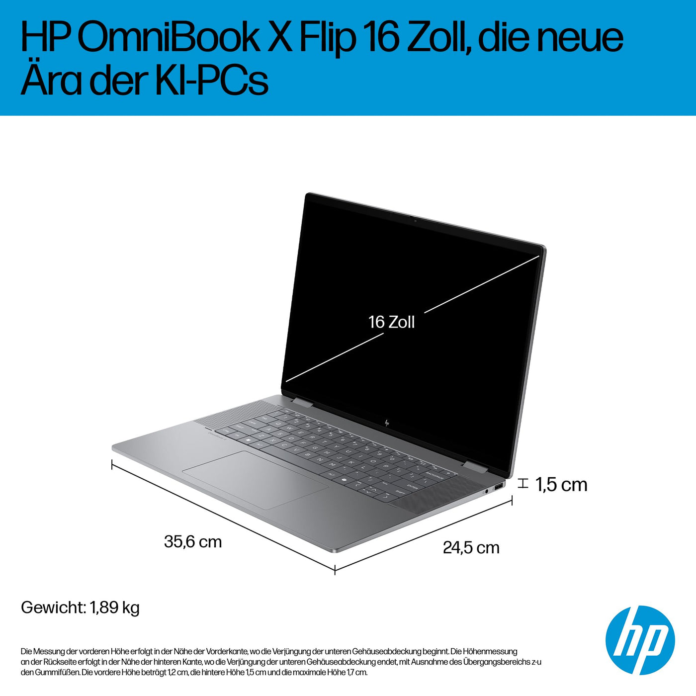 HP OmniBook X Flip 2in1 Next Gen AI Laptop | AMD Ryzen AI 5 340 (6C) | dedizierte NPU für KI | 50 NPU Tops | Copilot+ PC | 16" WUXGA 1920x1200 Touchscreen | 16GB | 512GB SSD | Win11 | QWERTZ | Silber