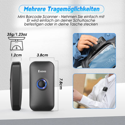 Eyoyo Mini 2D Bluetooth Barcode Scanner, 3 in1 Bluetooth & USB Kabel & 2.4G Wireless Barcode Leser, Portable Bar Code Scannen mit Windows, Android, iOS, Tablets oder Computer(1D 2D QR Schwarz)