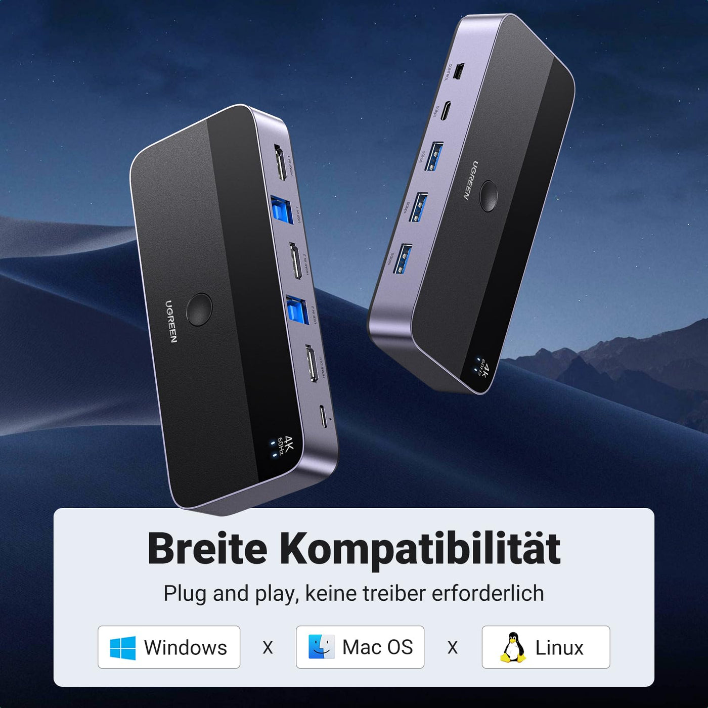 UGREEN HDMI 2.0 KVM Switch 4K@60Hz USB 3.0 Switch 4 USB Ports (3*USB 3.0+ USB C) Sharing 1 Monitor und Tastatur, Maus, Drucker, U disk für 2 PC mit 2 USB Kabeln und 2 HDMI Kabeln.