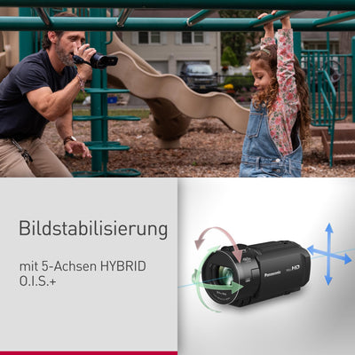 Panasonic HC-V900E-K Full-HD-Camcorder, FHD-Video, 25-mm-F1.8-Weitwinkelobjektiv, 24-facher optischer Zoom, Hybrid OIS+, HDR, Zoom-Mikrofon, Touchscreen, Schwarz