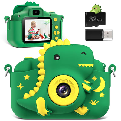 GREENKINDER Kinderkamera,2.0”-Bildschirm Kinder Kamera mit 32GB Karte, 20MP & 1080P HD Selfie Digitalkamera Kinder, Dinosaurier Geschenke für 3-12 Jahre Jungen und Mädchen