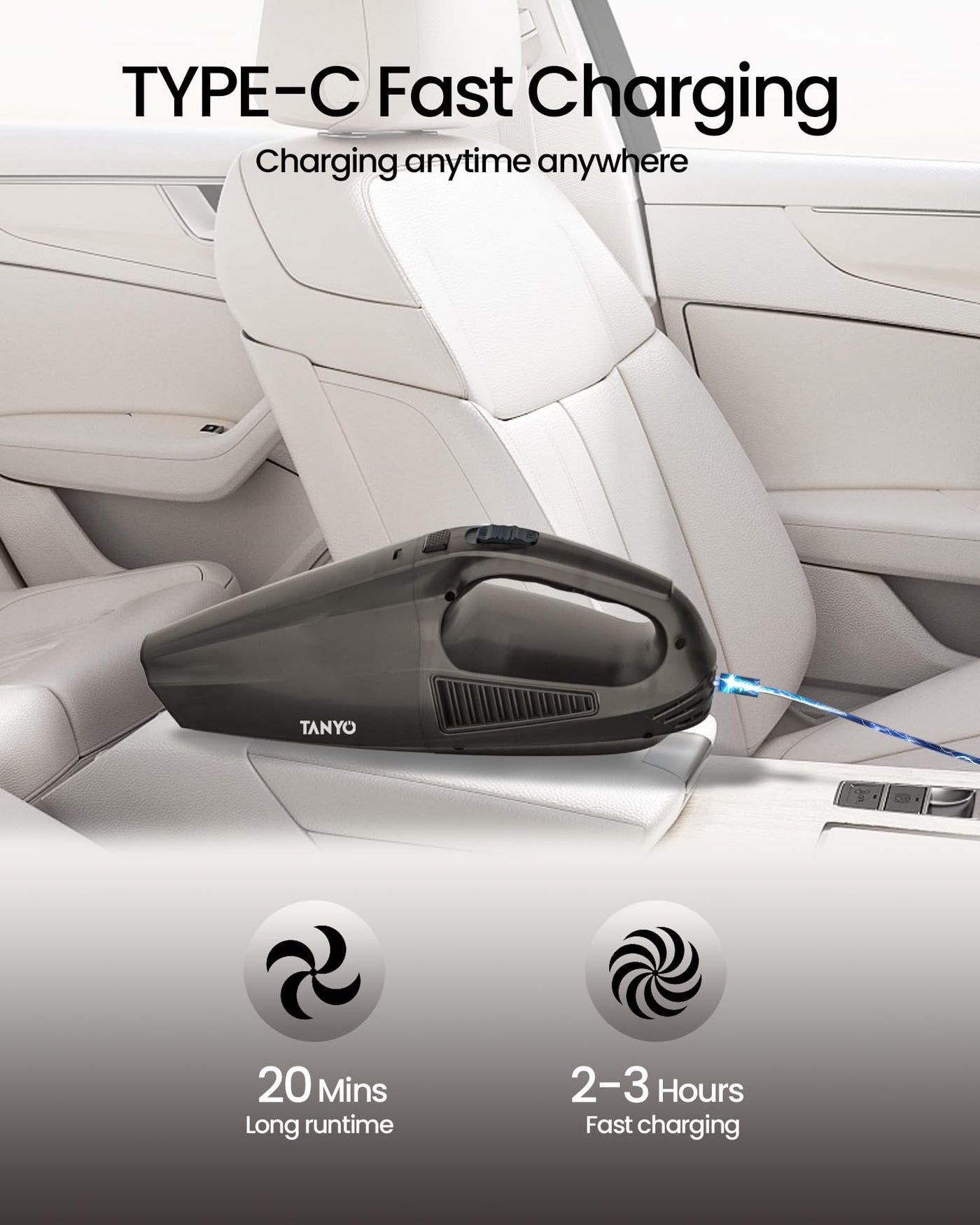 TANYO Handstaubsauger Akku, 12000Pa Handstaubsauger Kabellos 2000mAh Batterien Autostaubsauger Stark mit Waschbar HEPA Filter, Mini Staubsauger für Auto, Küche, Haus, Tierhaare Eisenhaltig