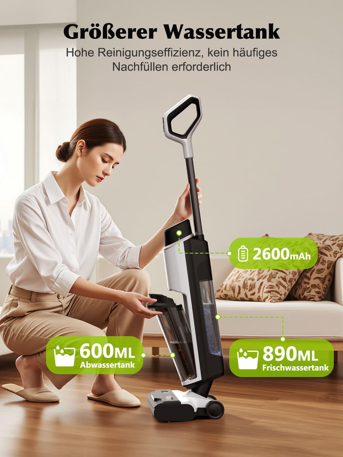 Nass Trockensauger, All-in-One Nasssauger Saugwischer Akku Kabellos mit Dual-Tank-Design, 890mL Wassertank, Selbstreinigung, 5mm Randreinigung, LED-Display Wischsauger für Harte Boden,Tierhaare