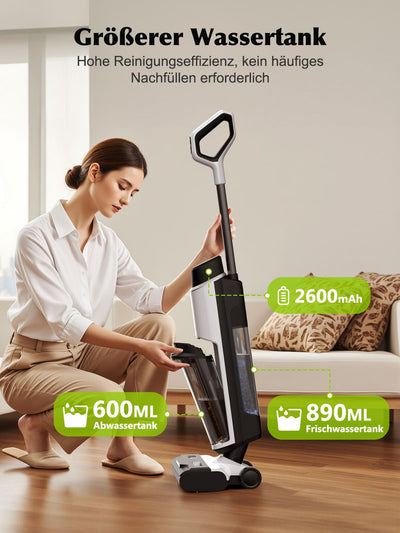 Nass Trockensauger, All-in-One Nasssauger Saugwischer Akku Kabellos mit Dual-Tank-Design, 890mL Wassertank, Selbstreinigung, 5mm Randreinigung, LED-Display Wischsauger für Harte Boden,Tierhaare