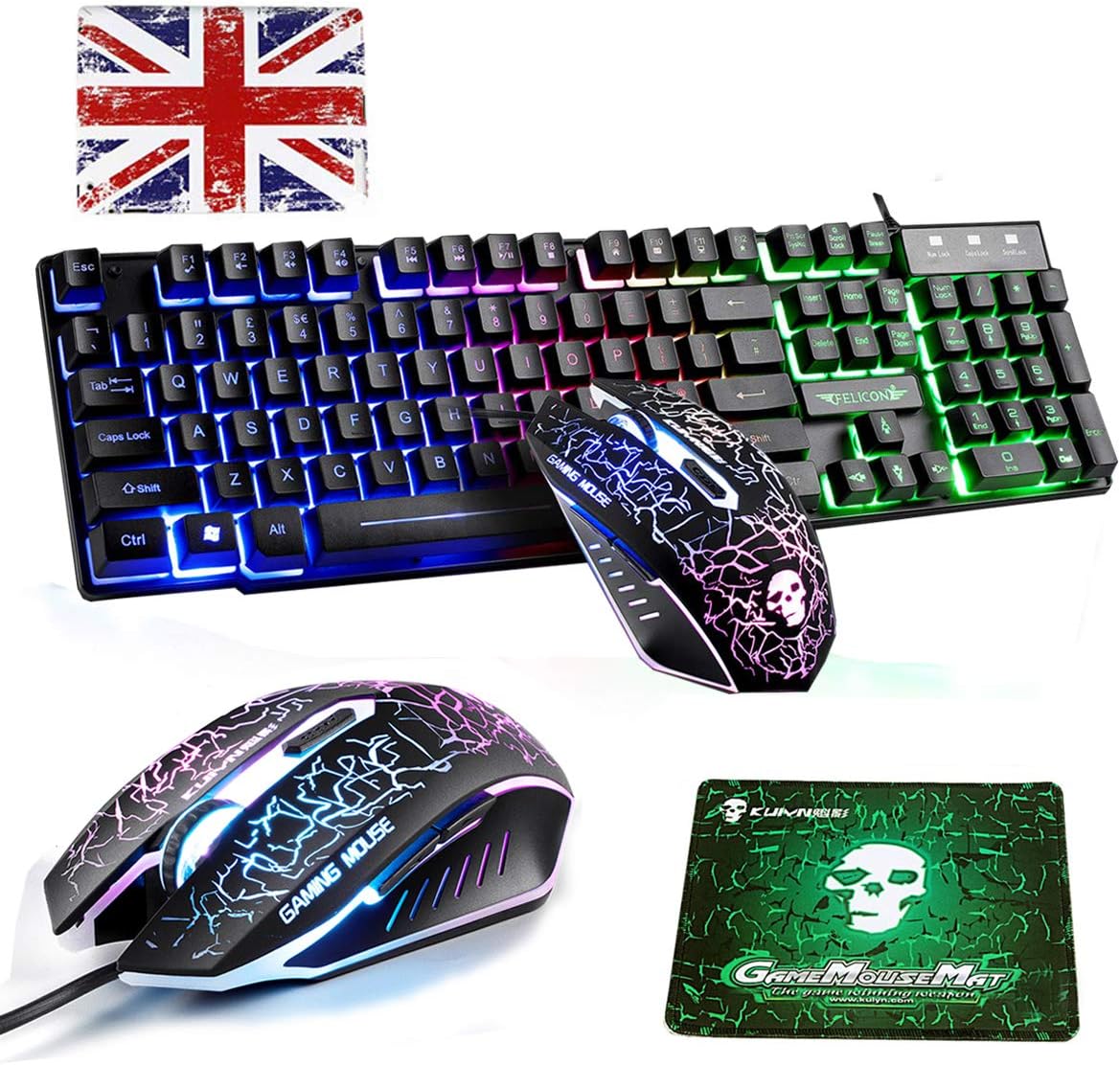 Lexon tech Kabelgebundene Tastatur und Maus Set T6 Rainbow Hintergrundbeleuchtung, USB, ergonomische Multimedia-Tastatur, 2400 DPI,6 Tasten,USB-Gaming-Maus, inklusive Gaming-Mauspads in Standardgröße