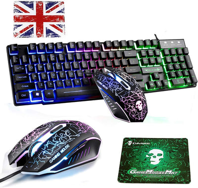 Lexon tech Kabelgebundene Tastatur und Maus Set T6 Rainbow Hintergrundbeleuchtung, USB, ergonomische Multimedia-Tastatur, 2400 DPI,6 Tasten,USB-Gaming-Maus, inklusive Gaming-Mauspads in Standardgröße