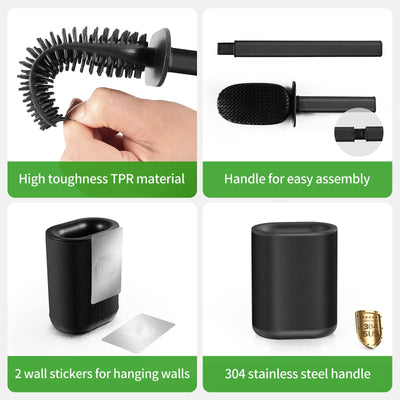 HOMEASY Klobürste Silikon Schwarz Toilettenbürste Edelstahl mit Edelstahlbehälter Flexiblen WC Bürste Silikon Set Klobürste mit Halter Wandmontage ohne Bohren & Stehen für Badezimmer