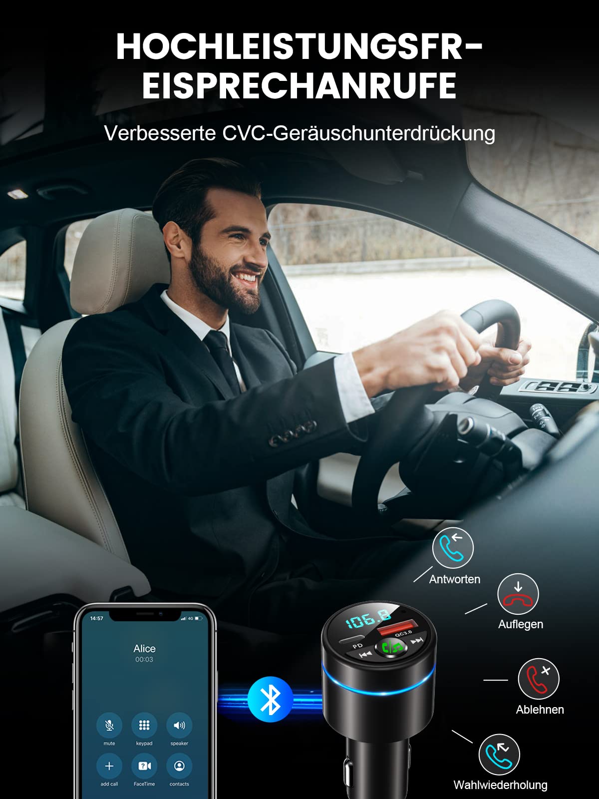 Mohard Bluetooth Adapter Auto, Ganzmetall FM Transmitter Auto Bluetooth mit PD 30W & QC3.0 18W Schnellladung, Freisprechanlage Bluetooth5.3, Rauschunterdrückung Mikrofon, 7 Farbige Licht