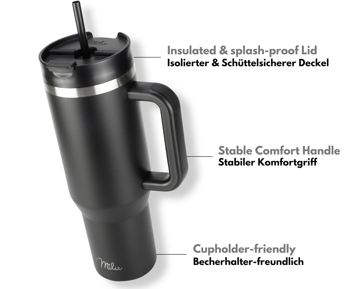 Milu Thermobecher 1200ml mit Strohhalm und Henkel – 48h Eis/24h kalt/12h heiß Edelstahl Tumbler 40oz mit Griff - Isolierbecher to go - Isolierflasche Trinkflasche doppelwandig isoliert (Schwarz, 1,2L)