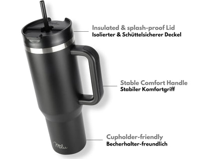 Milu Thermobecher 1200ml mit Strohhalm und Henkel – 48h Eis/24h kalt/12h heiß Edelstahl Tumbler 40oz mit Griff - Isolierbecher to go - Isolierflasche Trinkflasche doppelwandig isoliert (Schwarz, 1,2L)