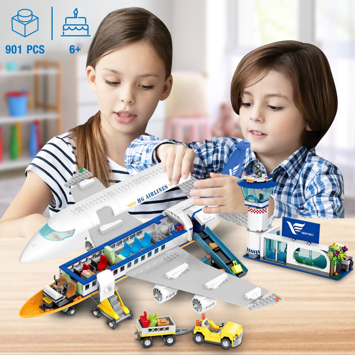 HOGOKIDS Passagierflugzeug Bauspielzeug Set mit LED Licht, 901 PCS Flugzeug Bausteine Spielzeug mit Terminal, Radarturm, Anhänger, Flugzeug-Modell Geschenke für Jungen Mädchen ab 6 7 8 9 10 Jahre