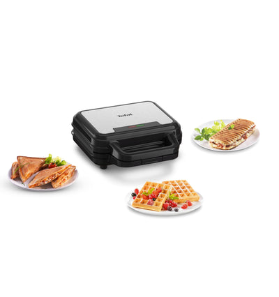 Tefal Ultracompact 3-in-1 Sandwich-Waffel-Panini Kombigerät, Antihaftbeschichtung, wärmeisolierter Griff, Edelstahl/Schwarz, SW383D10