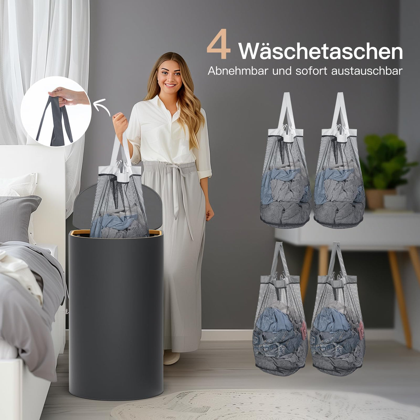 HELLKOPF 2er Pack Wäschekorb mit Deckel 140L Groß Kapazität - Wäschesammler mit 2 Fächer zum Sortieren der Schmutzwäsche, 4 Abnehmbar Innensäcke, Faltbare Laundry Baskets und Einfach zu Montieren
