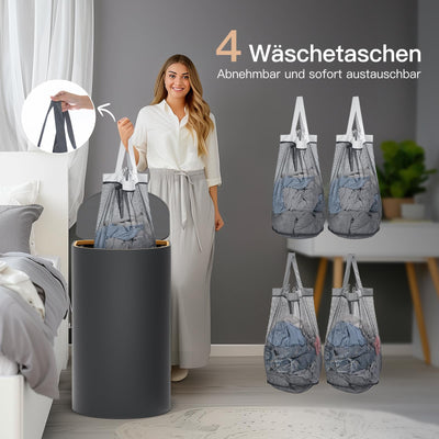 HELLKOPF 2er Pack Wäschekorb mit Deckel 140L Groß Kapazität - Wäschesammler mit 2 Fächer zum Sortieren der Schmutzwäsche, 4 Abnehmbar Innensäcke, Faltbare Laundry Baskets und Einfach zu Montieren
