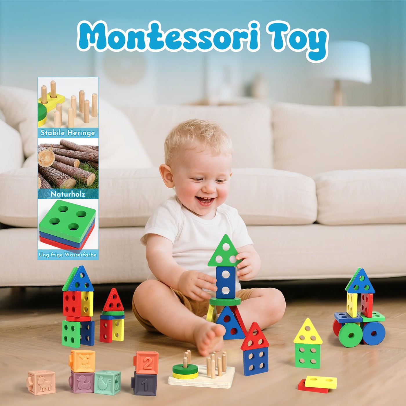 LearnToy Baby Spielzeug 18-36 Monate - Montessori 7-in-1 Aktivitätsset mit Stapelblöcken, Beißring & Sensorik-Behälter, Zertifiziert nach EN71, Geschenk für Babys