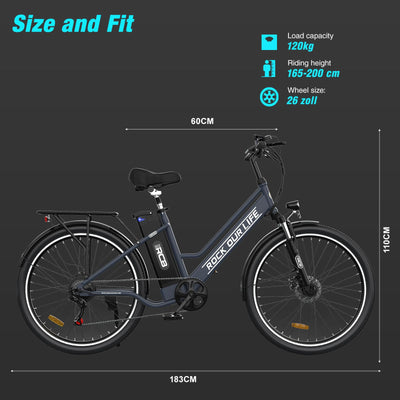 RCB 26" E Bike, 250W Motor, 7 Gang, Reichweite 35-90 km, City Ebike,Doppelscheibenbremsen, Elektro-Mountainbike mit Wasserdichter Fahrradtasche
