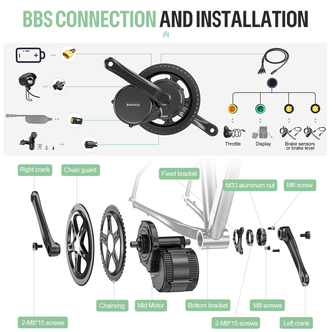 BAFANG Mittelmotor 36V 250W BBS01B Ebike Umbausatz Elektrofahrrad Kit mit Optionales Ebike Display,Elektrofahrrad Umbausatz Motor für BB68mm, DZ40 Anzeige