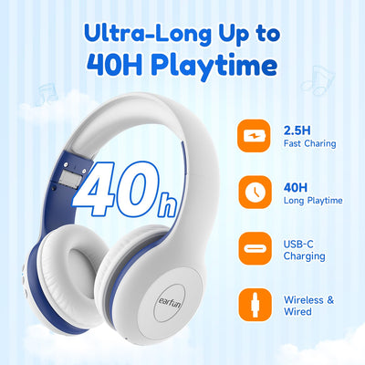 EarFun Bluetooth Kopfhörer Kinder, 85/94dB Lautstärkeregelung, HiFi Sound, HD-Mikrofon, 40 Std Akku, Faltbare, Einstellbar, Kopfhörer Kabellos Bluetooth Kinder für Schule/Reise/PC, Weiß