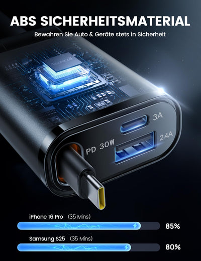 Lamicall 3 IN 1 Zigarettenanzünder USB C Auto Ladegerät -【2025 Super Kompakt】50W USB Adapter Auto Schnellladegerät mit einziehbare Typ-C Kabel/USB C/USB A, 24/12V KFZ Ladegerät Auto für iPhone/Samsung