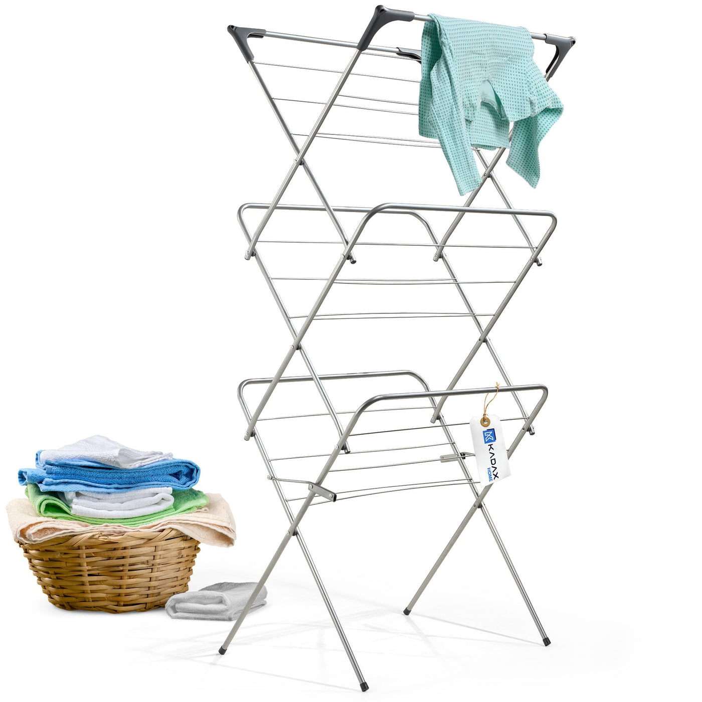 KADAX Vertikaler Wäschetrockner mit Antirutschfüßen, Stabiler Kleidertrockner aus Metall, Turmwäscheständer, Platzsparender Wäscheständer (Silber)
