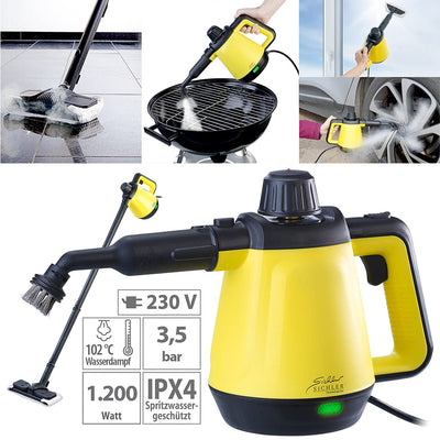 Sichler Haushaltsgeräte Balkonreiniger: 2in1-Hand-Dampfreiniger, Dampf-Mopp &-Besen, 16-tlg. Zubehör, 1.200 W (Fugenreiniger, tragbarer Dampfreiniger, Polsterreiniger)