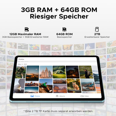 DOOGEE Tab A9 Tablet 10 Zoll Android 15, 12GB RAM+64GB ROM(TF 2TB) Gaming Tablet, 6580mAh, Unisoc T310, Dual Speaker, 5G WiFi, 8MP Kamera, Type-C, GMS, Bluetooth 5.0, Face ID, 3.5mm Kopfhöreranschluss