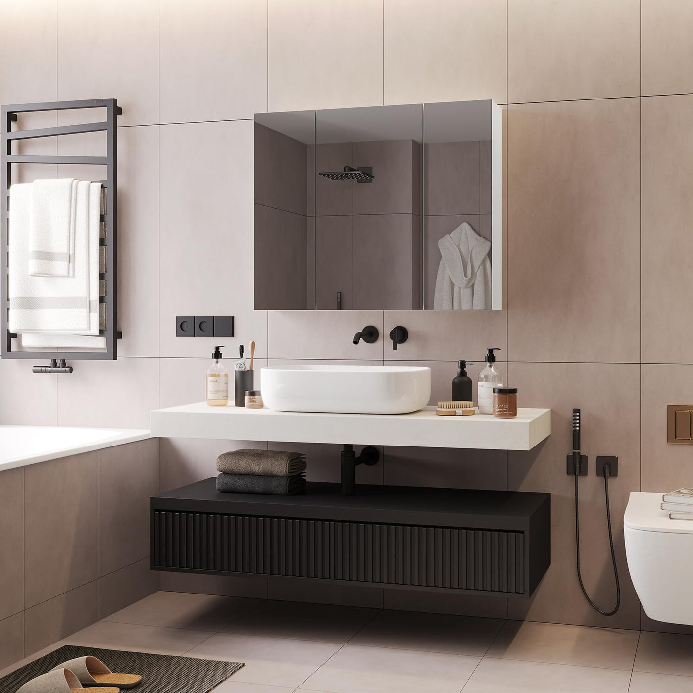 DICTAC Spiegelschrank Bad 70x60x16cm Badschrank mit Spiegel und Verstellbarem Regal Aufbewahrungs Bad Schrank 3 Türen Wandschrank mit Spiegel Medizinschrank Hängeschrank für Badezimmer,Weiß