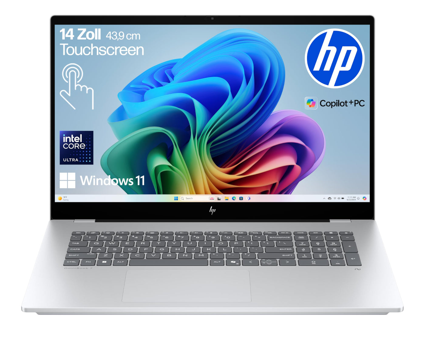 HP OmniBook 7 Next Gen AI PC, Copilot+ PC, 17.3 Zoll FHD Touch Display, Intel Core Ultra 7 258V (47 Tops), 32GB LPDDR5x RAM, 1TB PCIe Gen4 SSD, Intel Arc 140 V GPU, QWERTZ, Windows 11, Silber